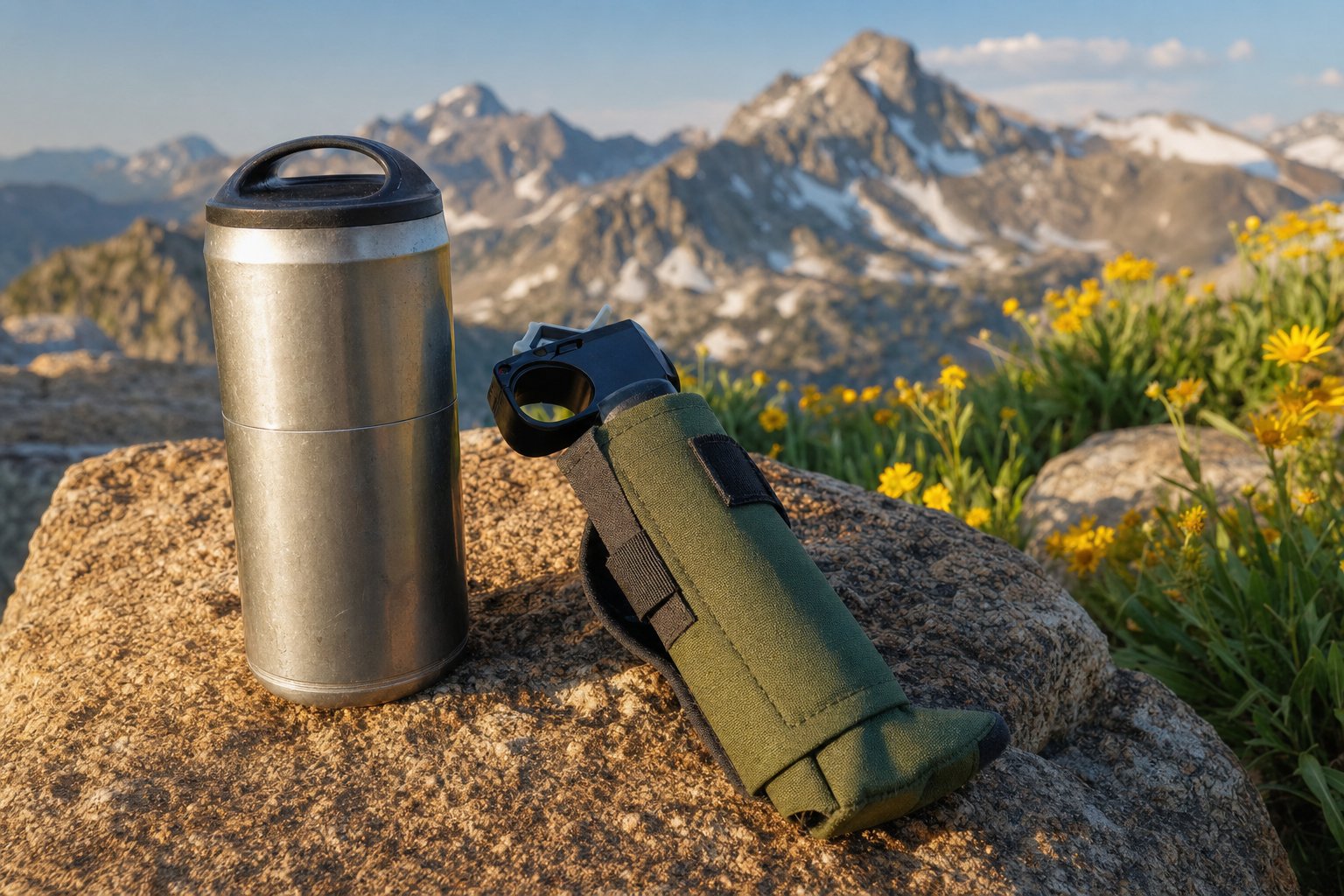 Metal food canister and a bear-spray canister in a green holster on a granite boulder, with yellow wildflowers and snow-streaked peaks behind (AI-generated image)