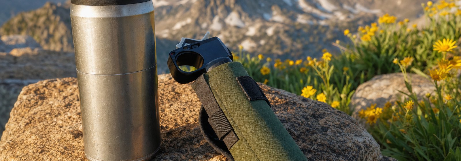Metal food canister and a bear-spray canister in a green holster on a granite boulder, yellow wildflowers and rocky peaks behind (AI-generated image)