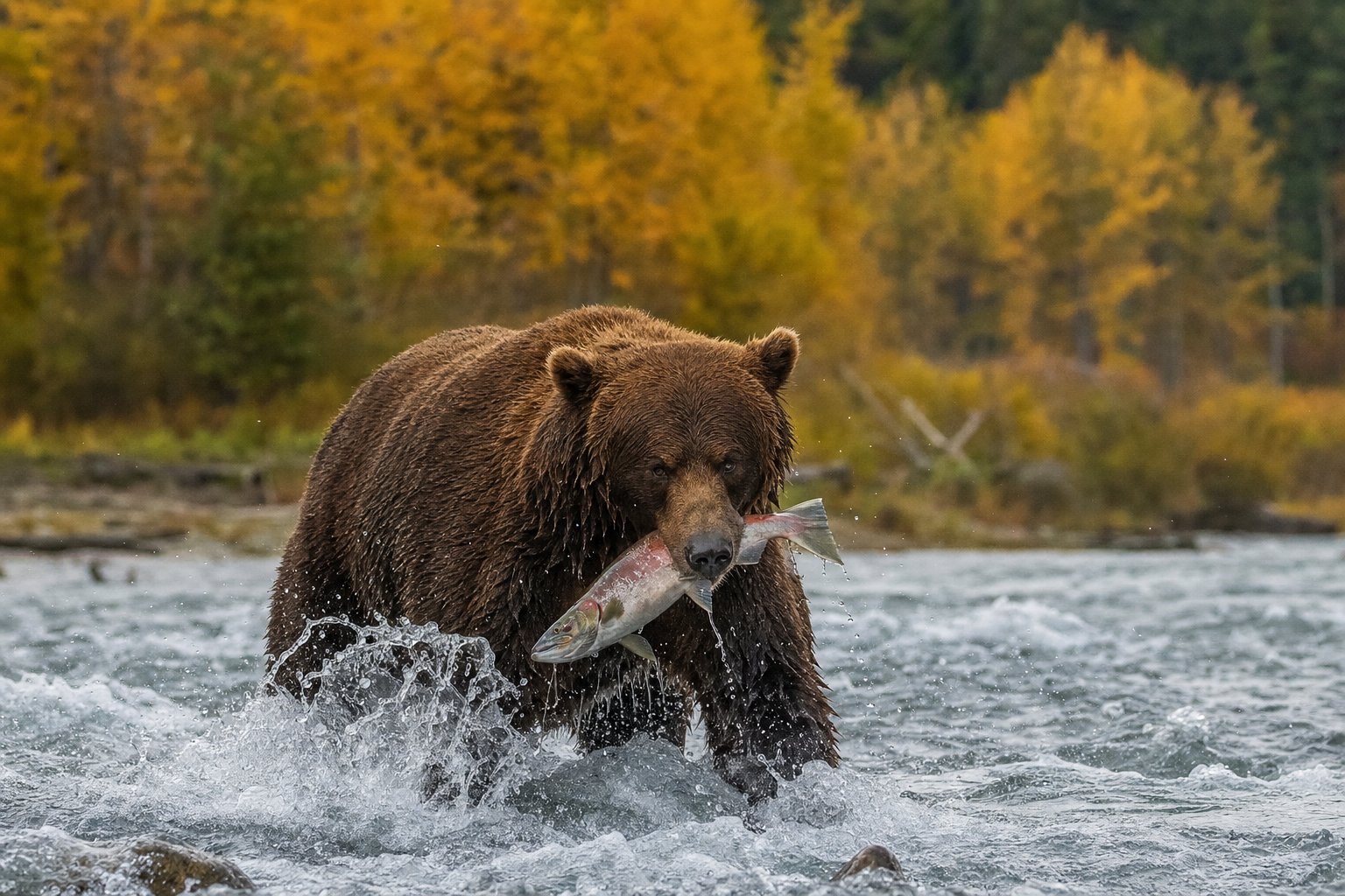 Adult grizzly bear standing in a fast-flowing river holding a salmon in its jaws, autumn foliage behind (AI-generated image)