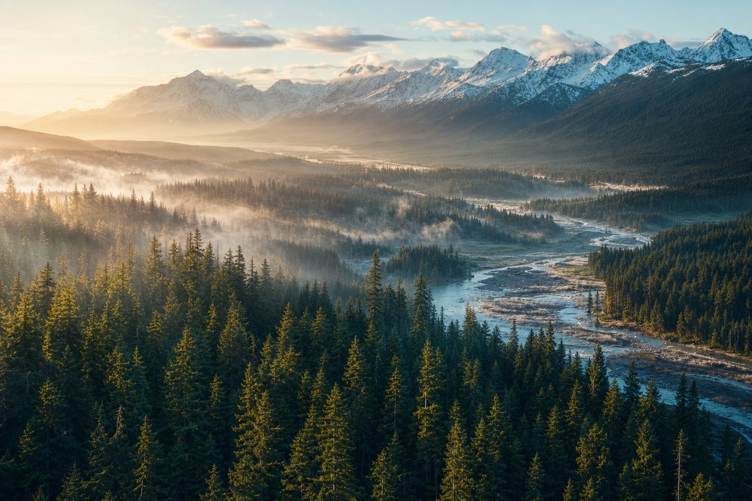 Forested mountain valley with a braided river, low mist and snow-capped peaks at dawn (AI-generated image)