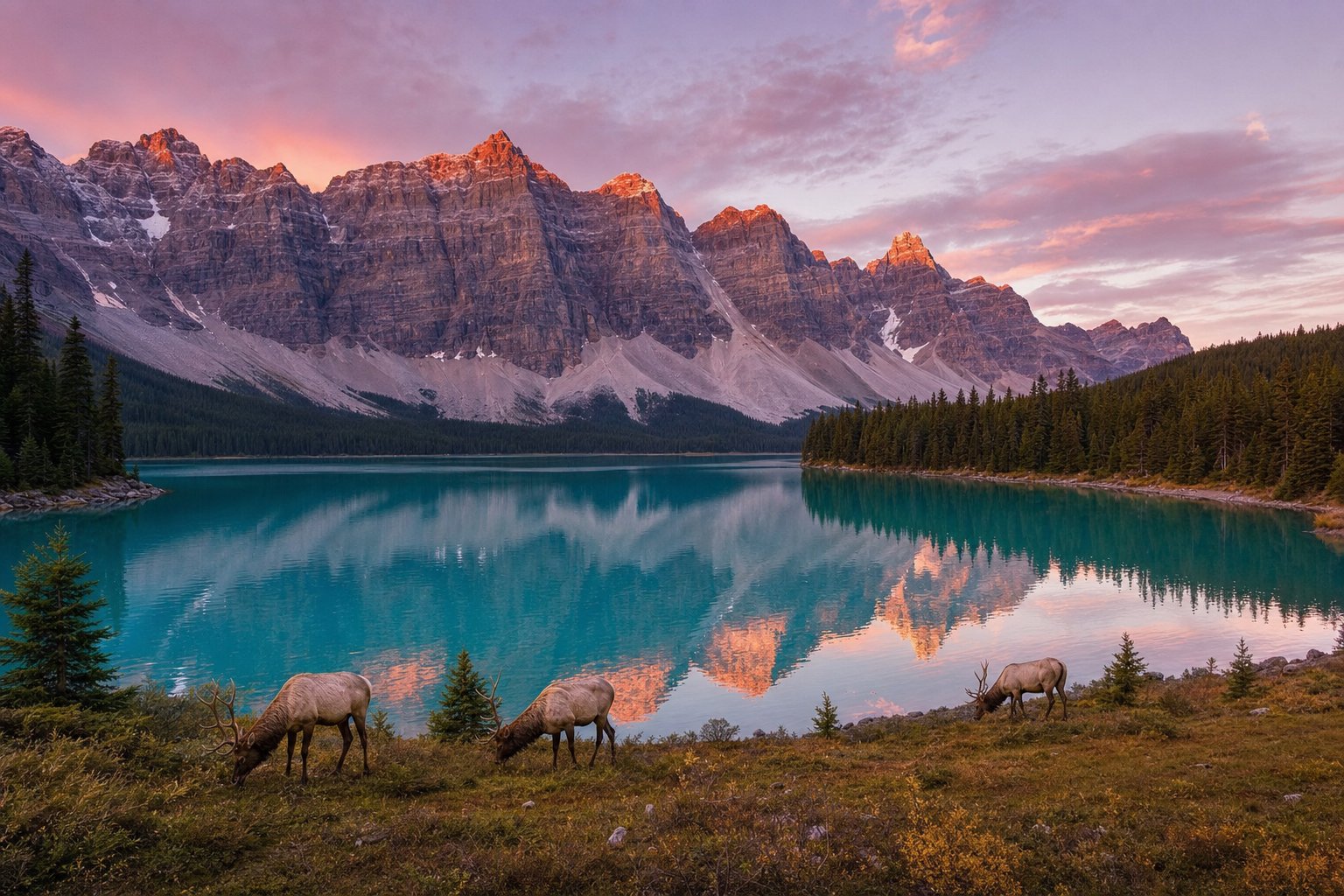 Three elk grazing beside a turquoise glacial lake, jagged peaks lit pink at low sun and reflected in the water (AI-generated image)