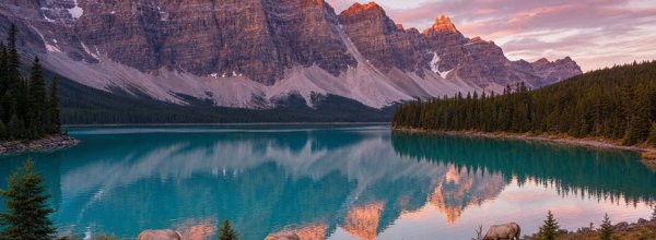 Turquoise glacial lake reflecting jagged peaks lit by low sun, conifer forest along the shore (AI-generated image)