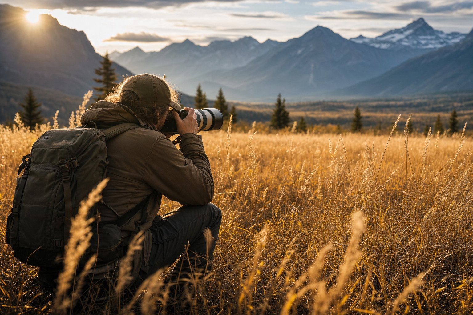 Photographer crouching in tall golden grass, aiming a long telephoto lens toward distant mountains at low sun (AI-generated image)